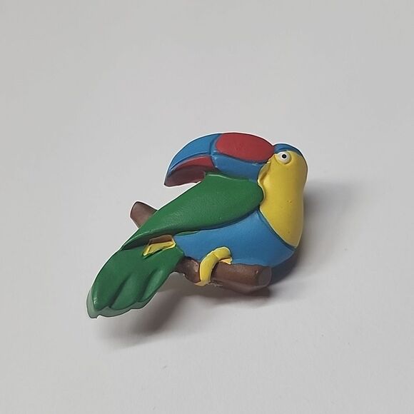 Toucan Bird Brooch Colorful Bird on Perch Pin - Picture 1 of 4